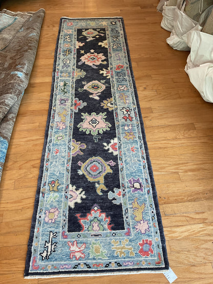 Turkish Oushak Runner, 2'9" x 9'8", in baby blue, gold, navy and pink