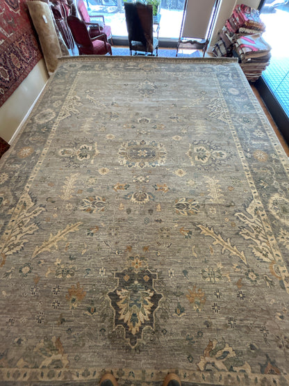Indian Mohal Rug, 10' x 13'11", in blue, charcoal, grey and ivory