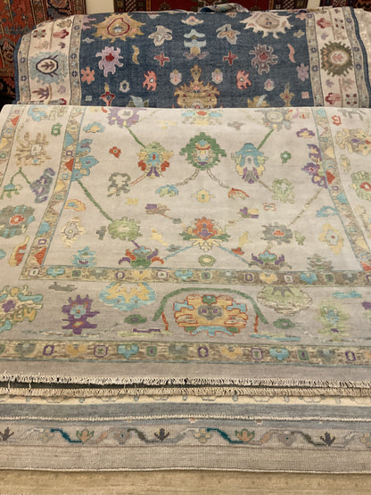 Indian Oushak Rug, 8'11" x 11'9", in green, grey, purple and rust - photo 2