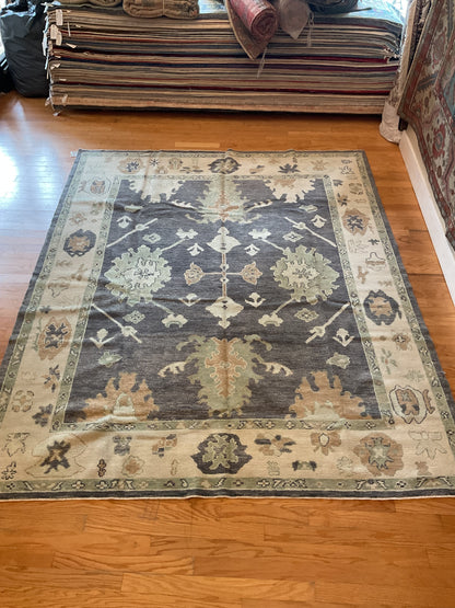 Turkish Oushak Rug, 8'1" x 9'10", in beige, charcoal, green and peach