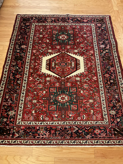 Vintage Persian Karajh Rug, 5' x 6'6", in black, burgundy, ivory and red