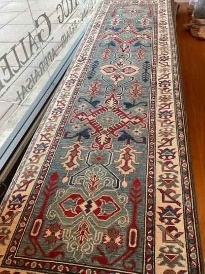 Afghan Kazak Runner, 2'9" x 9'7", in ivory, navy, red and teal - photo 4