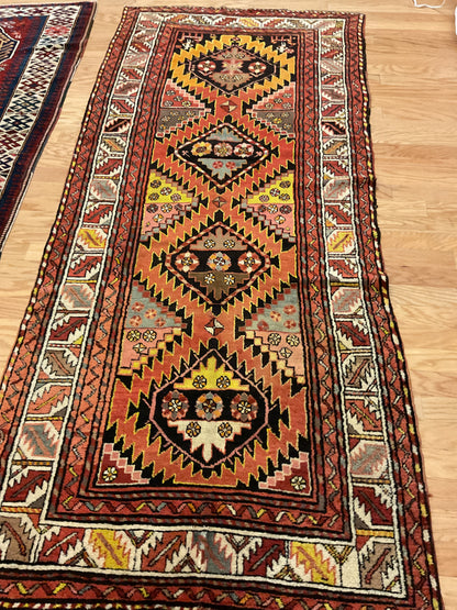 Antique Turkish Kurdish Runner, 3'10" x 8'9", in black, ivory, orange and red