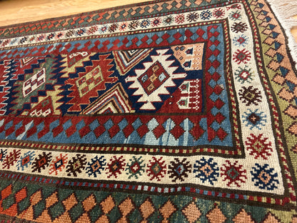 Antique Russian Kazak Runner, 3'2" x 8'11", in ivory, navy, red and rust - photo 5