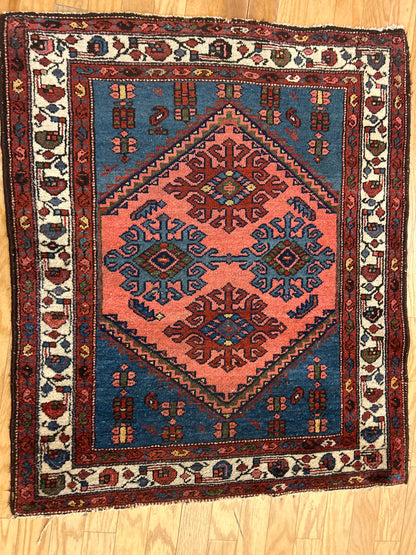 Antique Persian Malayer Rug, 3'3" x 3'10", in blue, ivory, rust and salmon