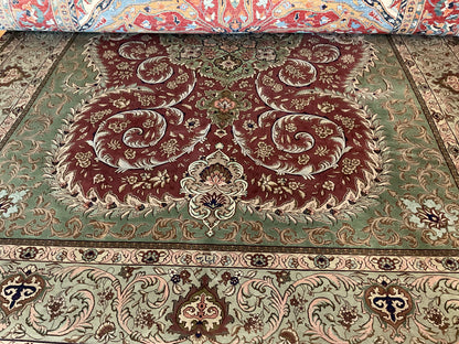 Vintage Persian Tabriz Rug, 9'9" x 13'3", in burgundy, green, ivory and pink