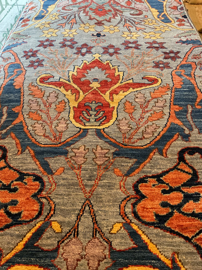 Afghan Mohal Runner, 2'7" x 9'11", in gold, grey, navy and orange