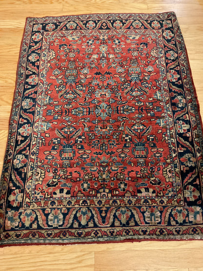 Antique Persian Sarouk Rug, 3'6" x 4'8", in baby blue, brick and navy