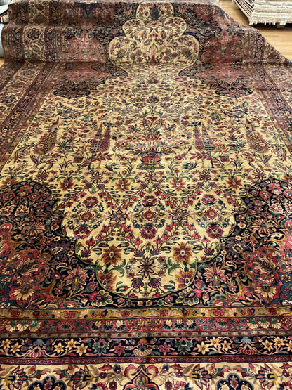 Antique Persian Kashan Rug, 14'1" x 22', in cream, navy, red and rose