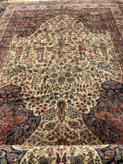 Antique Persian Kashan Rug, 14'1" x 22', in cream, navy, red and rose - photo 3