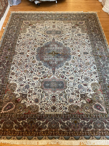 Vintage Persian Tabriz Rug with Silk, 9'10" x 13'1", in baby blue, gold, ivory and pink - photo 7