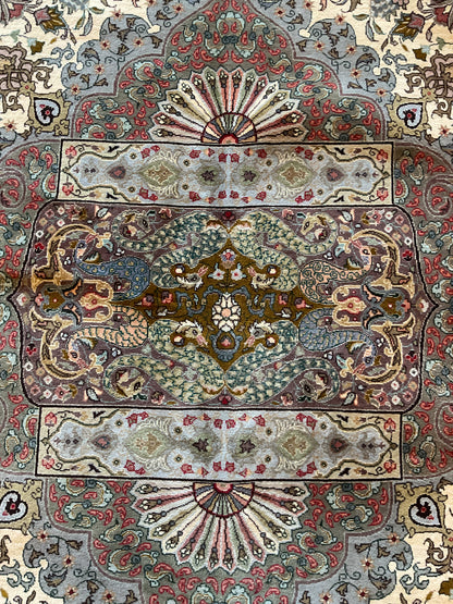Vintage Persian Tabriz Rug with Silk, 9'10" x 13'1", in baby blue, gold, ivory and pink - photo 6