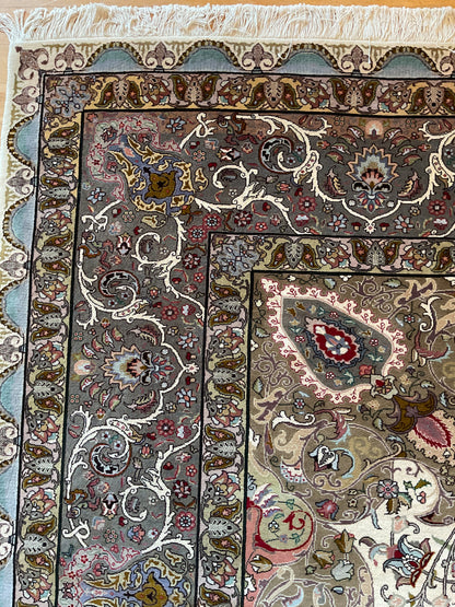 Vintage Persian Tabriz Rug with Silk, 9'10" x 13'1", in baby blue, gold, ivory and pink - photo 5