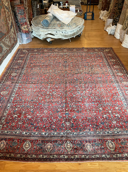 Antique Persian Sarouk Farahan Rug, 10' x 11'8", in ivory, navy and red