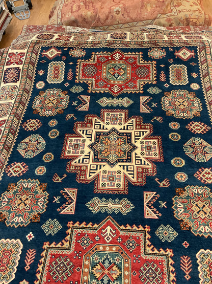 Afghan Kazak Rug, 9' x 11'8", in blue, ivory, navy and red - photo 2