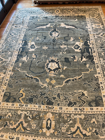 Turkish Oushak Rug, 10'10" x 15'2", in grey, ivory, pistachio and yellow