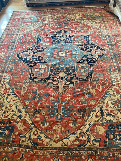 Antique Persian Serapi Rug, 11'4" x 15'8", in baby blue, ivory, navy and rust