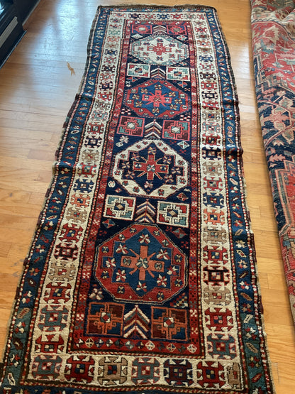 Antique Russian Kazak Runner, 3'7" x 10'1", in ivory, navy, red and teal