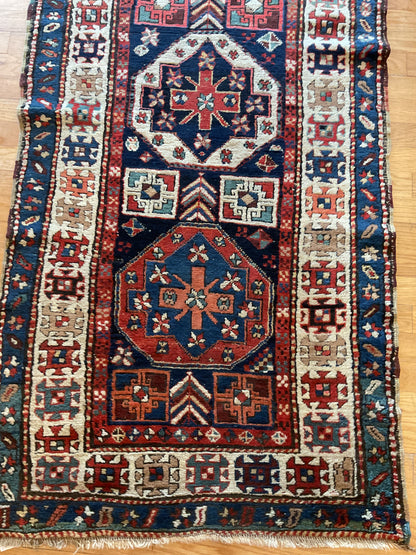 Antique Russian Kazak Runner, 3'7" x 10'1", in ivory, navy, red and teal - photo 2