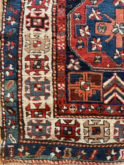 Antique Russian Kazak Runner, 3'7" x 10'1", in ivory, navy, red and teal - photo 3