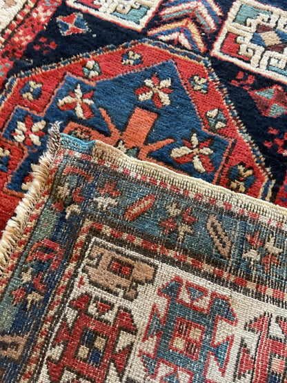 Antique Russian Kazak Runner, 3'7" x 10'1", in ivory, navy, red and teal - photo 4