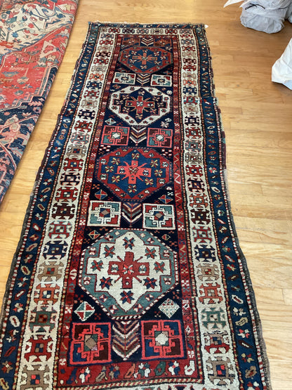 Antique Russian Kazak Runner, 3'7" x 10'1", in ivory, navy, red and teal - photo 6