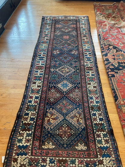 Antique Persian Baktarie Runner, 3'4" x 10'2", in blue, ivory, navy and red