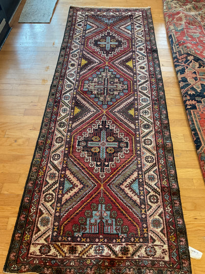 Vintage Persian Kurdish Hamadan Runner, 3'5" x 9'10", in baby blue, ivory, navy and red