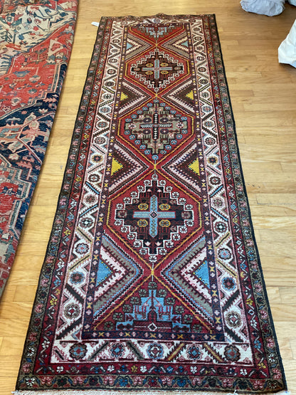 Vintage Persian Kurdish Hamadan Runner, 3'5" x 9'10", in baby blue, ivory, navy and red - photo 2