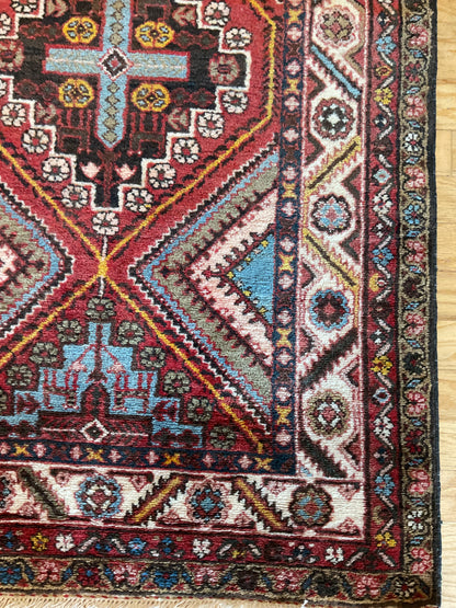 Vintage Persian Kurdish Hamadan Runner, 3'5" x 9'10", in baby blue, ivory, navy and red - photo 5