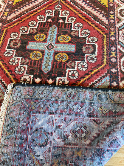 Vintage Persian Kurdish Hamadan Runner, 3'5" x 9'10", in baby blue, ivory, navy and red - photo 3