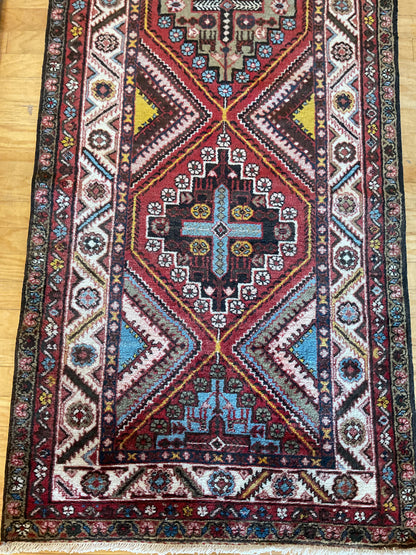 Vintage Persian Kurdish Hamadan Runner, 3'5" x 9'10", in baby blue, ivory, navy and red - photo 4