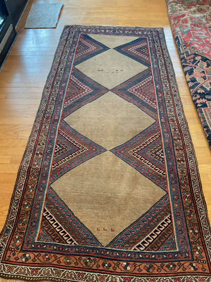 Antique Persian Kurdish Bidjar Runner, 4'2" x 8'10", in camel, navy, red and rust