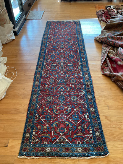 Antique Persian Serapi Runner, 2'10" x 10'7", in blue, navy and red