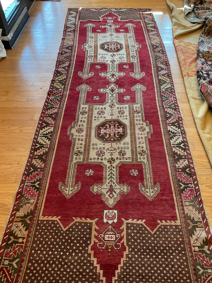 Vintage Turkish Anatolian Runner, 4' x 12'1", in brown, green, ivory and red