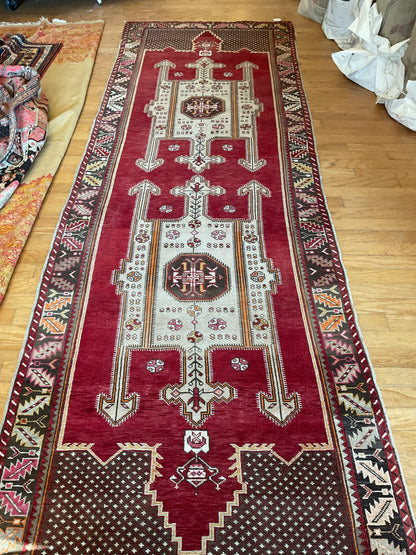 Vintage Turkish Anatolian Runner, 4' x 12'1", in brown, green, ivory and red - photo 3