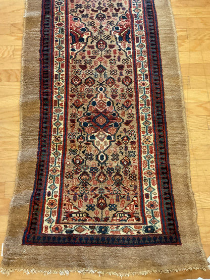 Antique Persian Kurdish Camelhair Runner, 2'9" x 14'3", in camel, ivory, navy and red