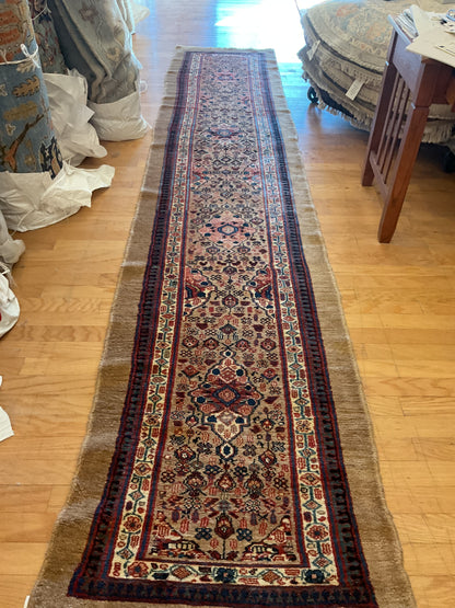 Antique Persian Kurdish Camelhair Runner, 2'9" x 14'3", in camel, ivory, navy and red - photo 2