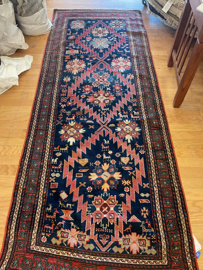 Antique Russian Kazak Runner, 3'6" x 9'2", in ivory, navy, red and salmon
