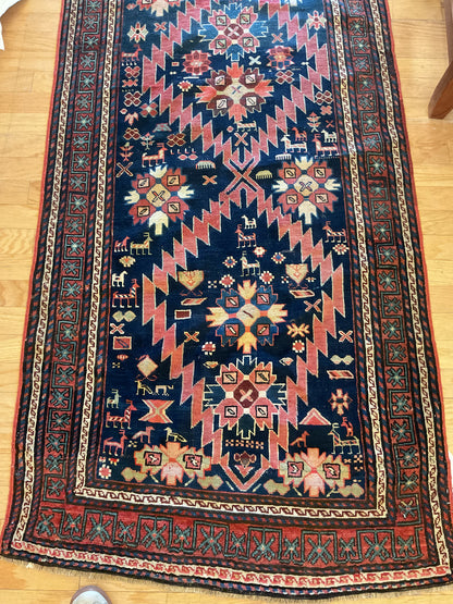 Antique Russian Kazak Runner, 3'6" x 9'2", in ivory, navy, red and salmon - photo 2
