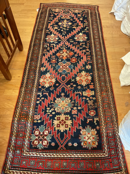 Antique Russian Kazak Runner, 3'6" x 9'2", in ivory, navy, red and salmon - photo 3