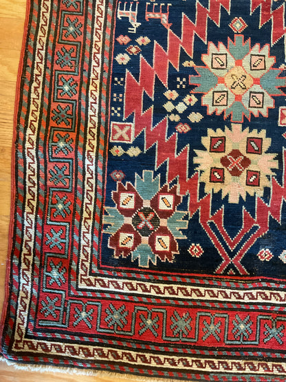 Antique Russian Kazak Runner, 3'6" x 9'2", in ivory, navy, red and salmon - photo 4