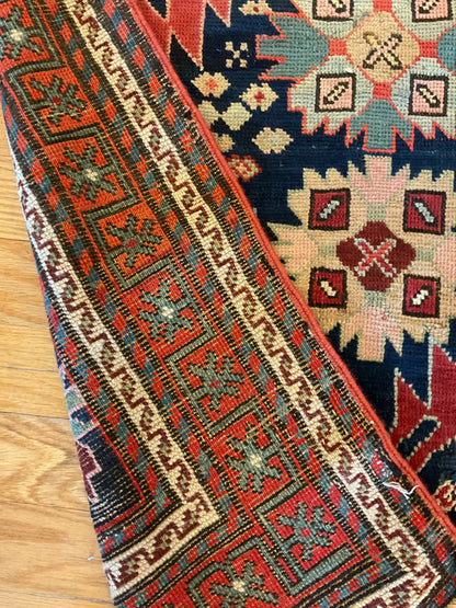 Antique Russian Kazak Runner, 3'6" x 9'2", in ivory, navy, red and salmon - photo 5