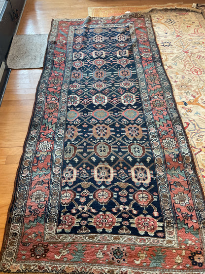 Antique Persian Kurdish Runner, 4'2" x 9'6", in ivory, navy, pink and rust