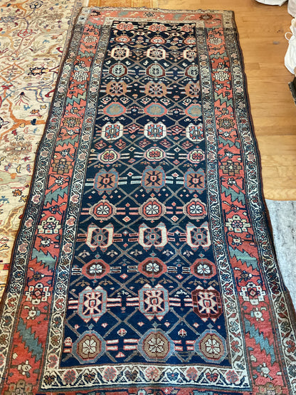 Antique Persian Kurdish Runner, 4'2" x 9'6", in ivory, navy, pink and rust - photo 5