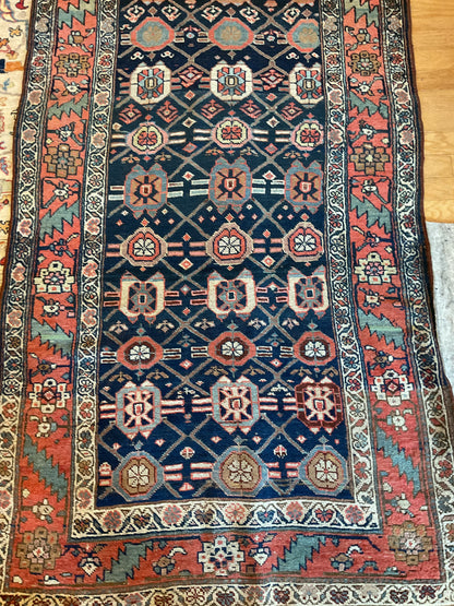 Antique Persian Kurdish Runner, 4'2" x 9'6", in ivory, navy, pink and rust - photo 4