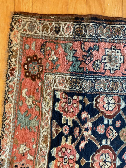 Antique Persian Kurdish Runner, 4'2" x 9'6", in ivory, navy, pink and rust - photo 2