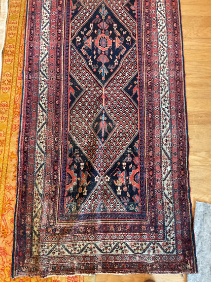 Antique Persian Mir Runner, 3'7" x 20'7", in ivory, navy, red and rose