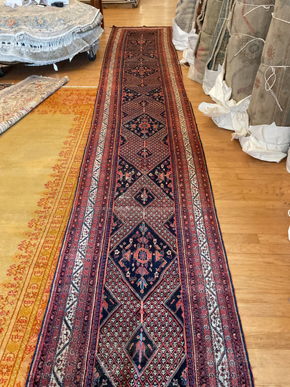 Antique Persian Mir Runner, 3'7" x 20'7", in ivory, navy, red and rose - photo 2