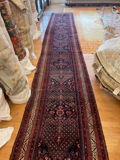 Antique Persian Mir Runner, 3'7" x 20'7", in ivory, navy, red and rose - photo 3